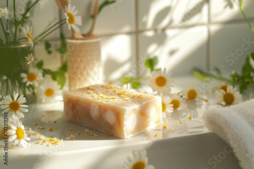 Handmade pastel chamomile soap in white sunny bathroom. Home made spa, skincare and cosmetology concept.