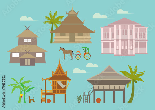 Vintage northern and central style houses in Thailand, Flat design vector