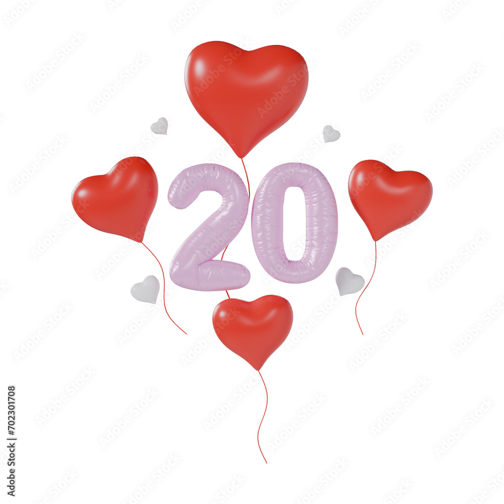 Heart Number 20 Valentine Day Anniversary 3d illustration