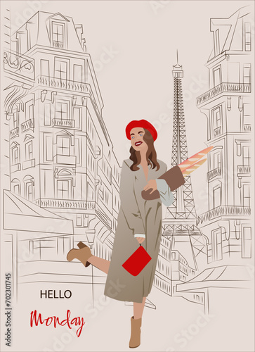 Flat illustration of a girl in a red beret against the background of morning Paris. Buildings drawn with simple lines. red beret and French baguette.