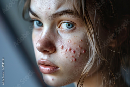 Teenage girl with her face covered in acne. Teen with inflamed irritated skin looking into mirror. Young woman dealing with pimples. photo