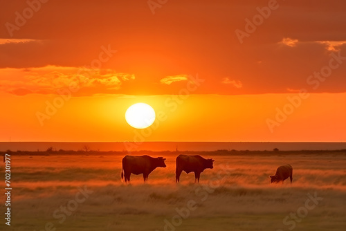 Cows in field sunset in the evening. Neural network AI generated art © mehaniq41