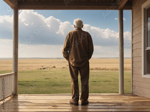 Wallpaper Mural old man standing on house porch looking at vast plains landscape view Torontodigital.ca