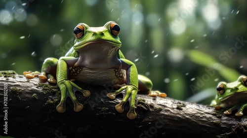 Green frog on tree at jungle. Generative AI. © visoot