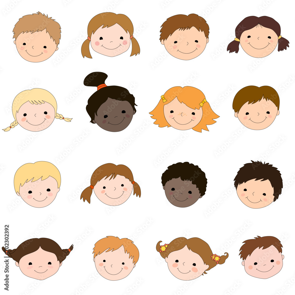 Set of sixteen cute smiling kids heads isolated on white. Set of sixteen cute smiling kids heads isolated on white.