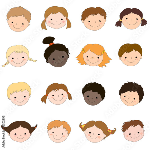 Set of sixteen cute smiling kids heads isolated on white. 