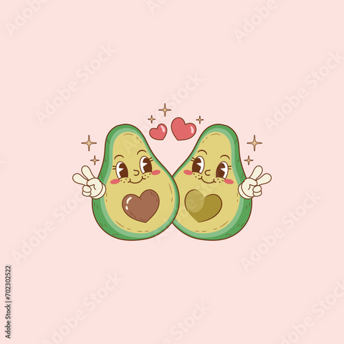 retro illustration of two avocados in love, avocados as a couple