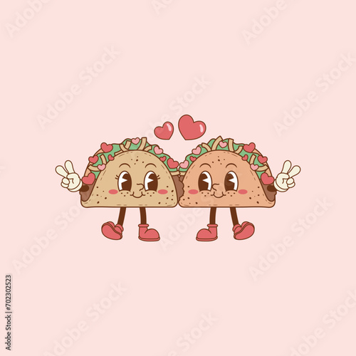 retro illustration of two tacos in love, tacos as a couple
