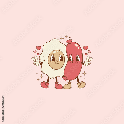 retro illustration of egg and sausage for lovers and surrounded by hearts
