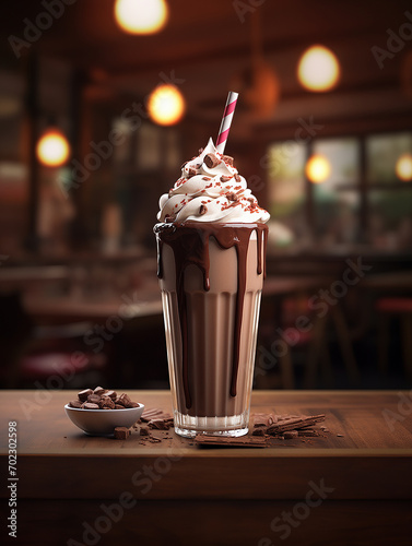 a photo of a chocolate milkshake with whipped cream and chocolate sprinkles on top