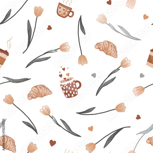 Delicate and elegant scattered tulip flowers and hot drink mugs and croissants seamless pattern. Beautiful Spring print.