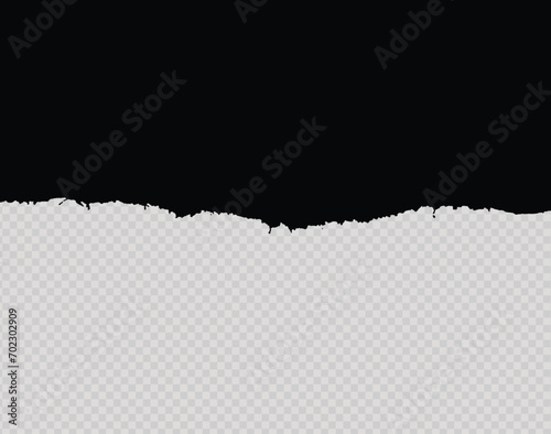 Piece of torn black  horizontal paper with soft shadow stuck on white squared background.  Torn note paper page. Vector illustration