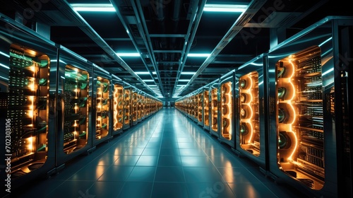 Server farms with rows of computers and mining rigs, Consuming vast amounts of electricity. Generative AI.