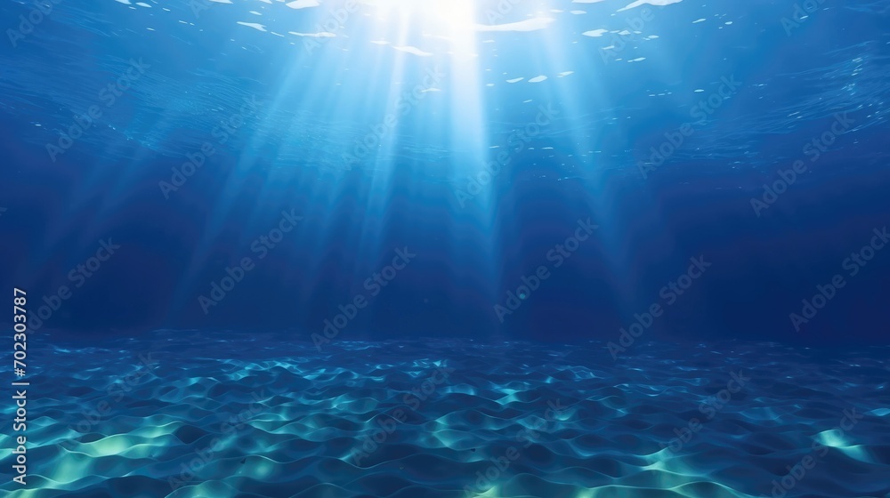 Deep ocean, blue underwater with sunlight shine to sand sea floor
