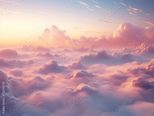 Dreamy clouds illuminated by the soft light of sunset, creating a tranquil and heavenly vista. Ideal for travel, meditation, or inspirational content, as well as for background imagery