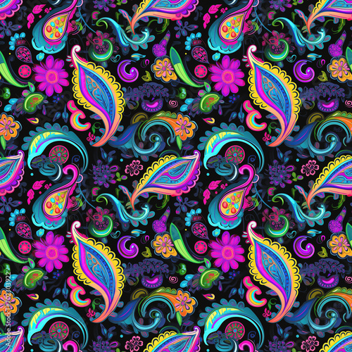 seamless paisley pattern indian traditional oriental multicolored ornament. Bright vibrant neon rainbow texture background decor for fabric