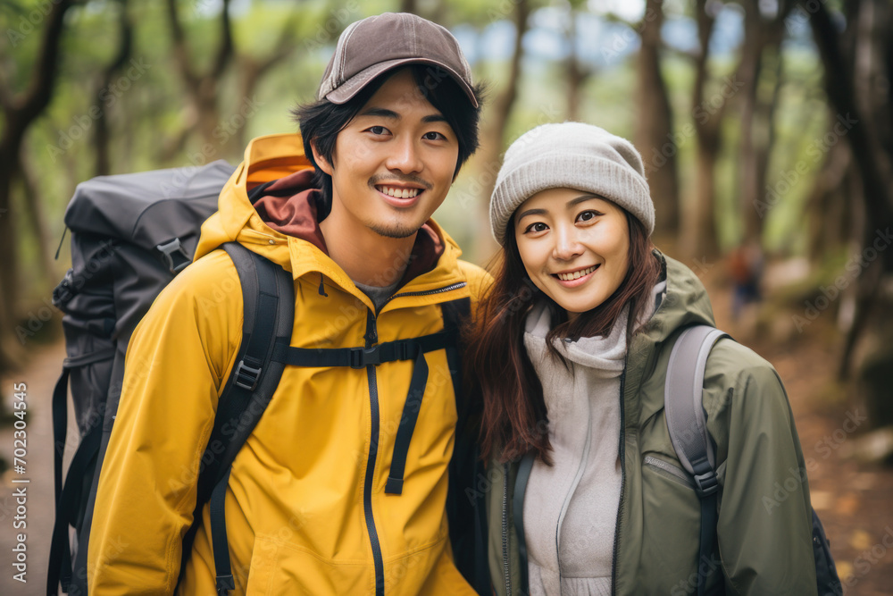 Smiling Couple in Outdoor Gear Enjoying a Hike in the Woods
