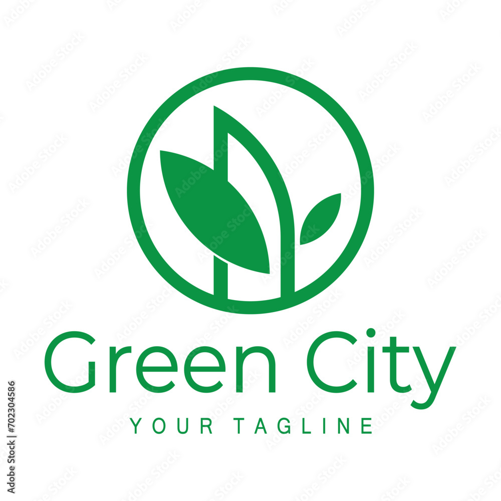 green and healthy modern city with leaf logo design for business, property, building, eco city, future city, architect, environmentally friendly
