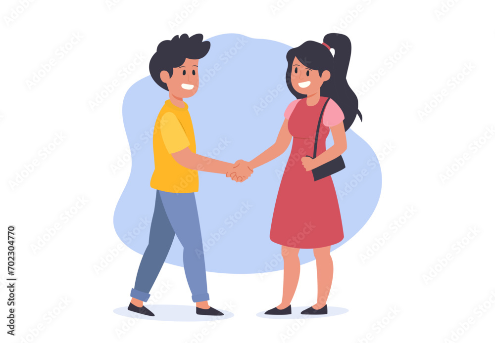 Vector people greet each other with handshaking flat vector illustration isolated