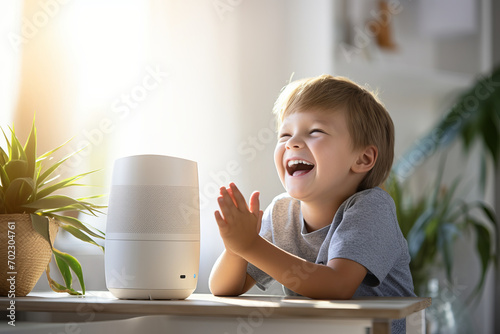 Cheerful little child talking to a smart speaker in a living room. Virtual assistant with AI voice recognition on a table.
