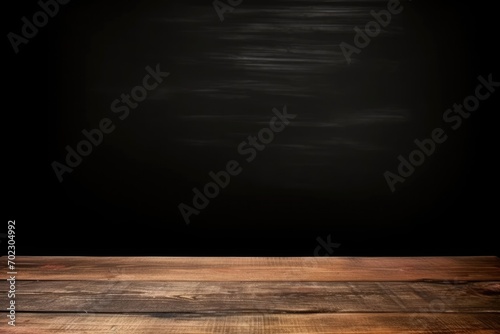 Wooden table with dark black background, in the style of spectacular backdrops, hard edge painter photo
