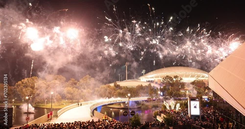 Adelaide sees in the new year with an amazing fireworks display over the River Torrens with the Adelaide Oval in the background photo