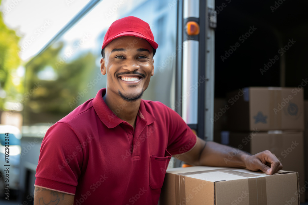 Delivery man holding a package standing next to a delivery truck. Handsome male courier ensure that recipients receive their packages and other items in a timely manner. Delivery man holding a package standing next to a delivery truck. Handsome male courier ensure that recipients receive their packages and other items in a timely manner.