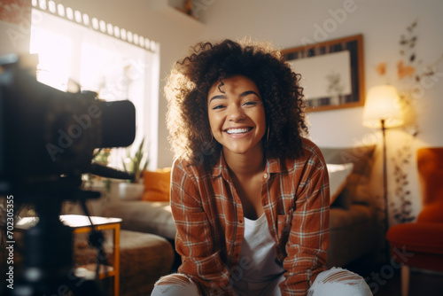 Beautiful young woman recording video blog with her camera. Teen influencer creating content for her social media account. Social media and blogging concept. photo