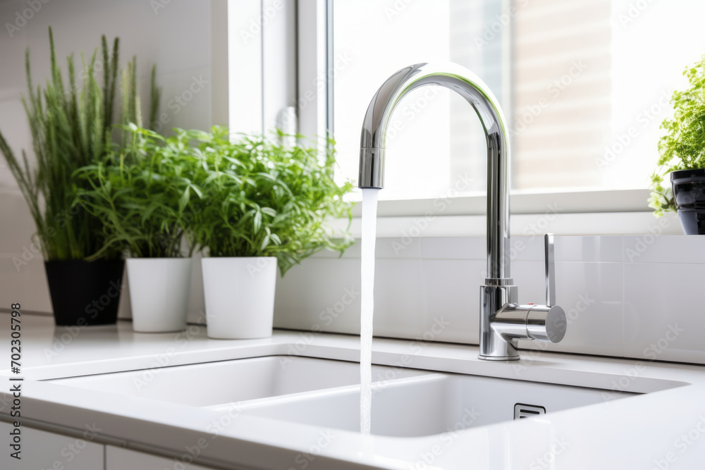 White kitchen faucet with a white sink and green plants in a stylish modern kitchen. White kitchen faucet with a white sink and green plants in a stylish modern kitchen.