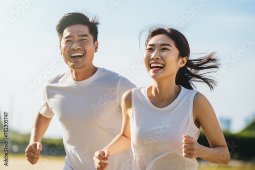 Joyful Young Couple Enjoying a Sunny Run Together
