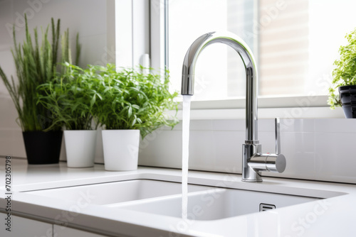 White kitchen faucet with a white sink and green plants in a stylish modern kitchen.