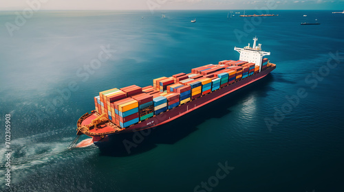 Aerial shot of ship with colored containers, sunny day