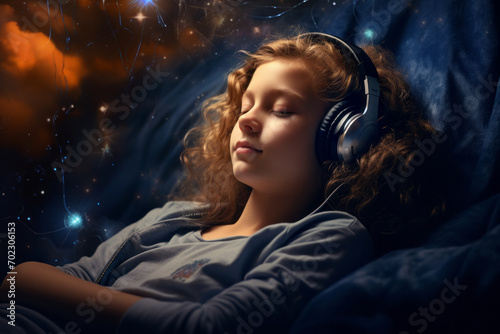 Portrait of a relaxed teenage child listening to music wearing headphones. Happy smiling teen kid having fun listening to songs alone in her bedroom.