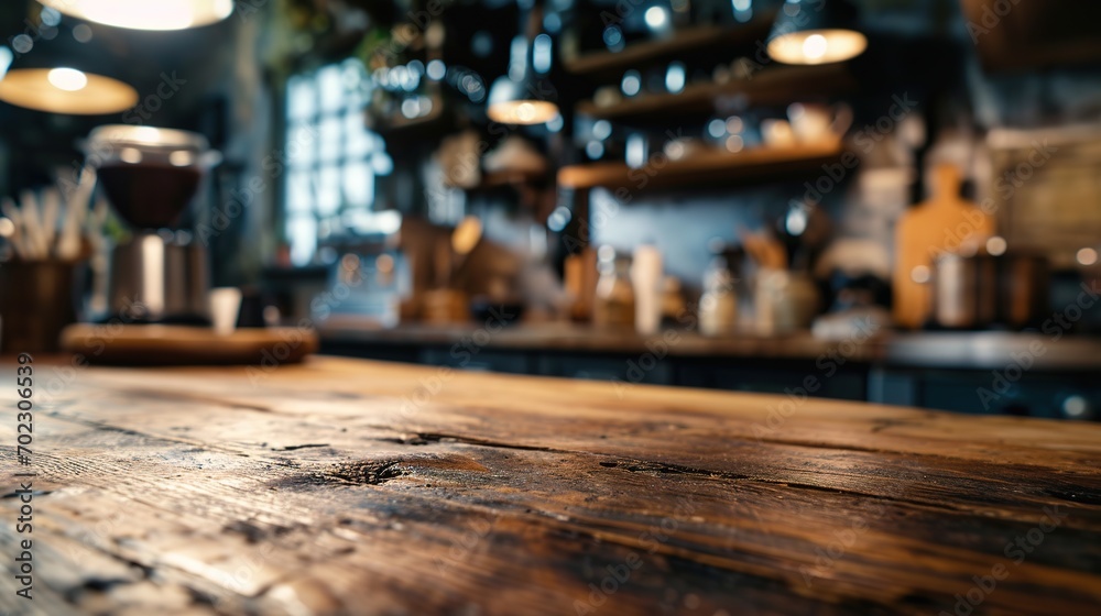 Generative AI, empty wooden tabletop on blurred modern kitchen background with copy space	
