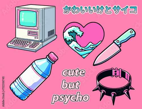 Set of vector y2k fashion elements for patches and stickers in pastel colors. A retro computer, a knife, a spiked choker, a heart, Japanese text meaning "cute but psychotic," and a drink of water.