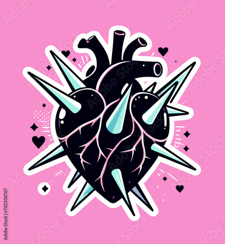 Black heart with metal spikes on a pink background. Cartoon emo y2k style vector illustration.