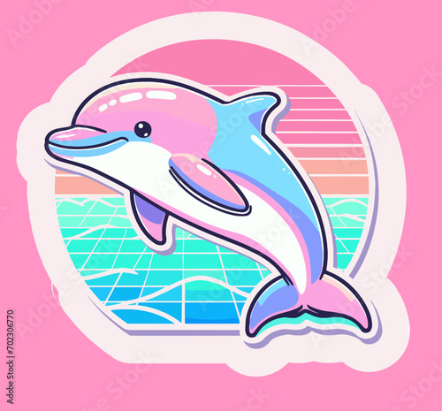 Cute vaporwave logotype with a dolphin and a sun. Pastel colors.
