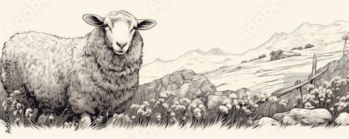 Sheep in engrve shape or black ink drawn on white paper or background.