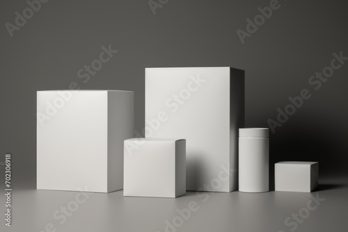 A mock-up blank template for product packaging. White boxes on grey background.