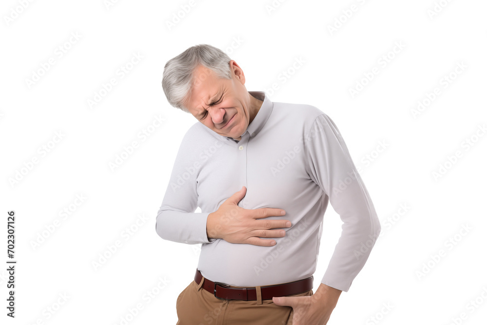 Man suffering from stomach pain isolated on a cutout PNG transparent background Man suffering from stomach pain isolated on a cutout PNG transparent background
