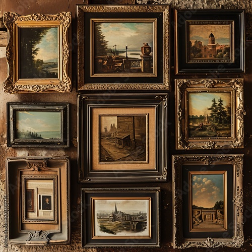 Collection of Vintage Framed Paintings on a Textured Wall