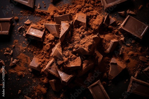 Dark bitter chocolate pieces with cocoa powder on black background, top view.