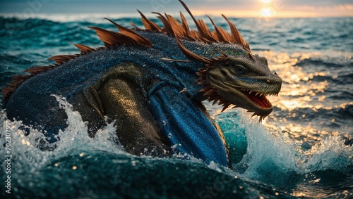 a magnificent water dragon with sleek, blue scales emerging from the waves of a vast ocean, with the sun setting in the background Generative AI © Haroon