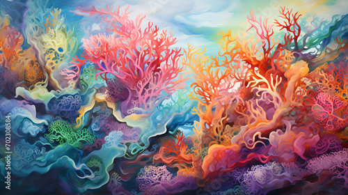 Expansive underwater coral reef teeming with life, a spectacle of colors and forms.