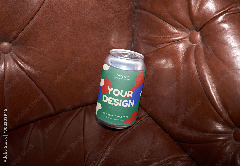 Mockup of customizable 33cl drinks can, camera flash Stock Template
