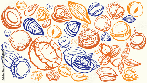 Isolated vector set of nuts on white background. Peanuts, cashews, walnuts, hazelnuts, almonds.Nuts and seeds collection. Vector hand drawn objects. Set of vector various nuts in vintage style. 