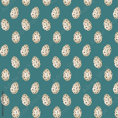 Seamless pattern for packaging and wrapping paper. Easter beige quail eggs on a green background. Ornament for fabric and gift bags. Hand drawn vector cartoon illustration. Happy easter.