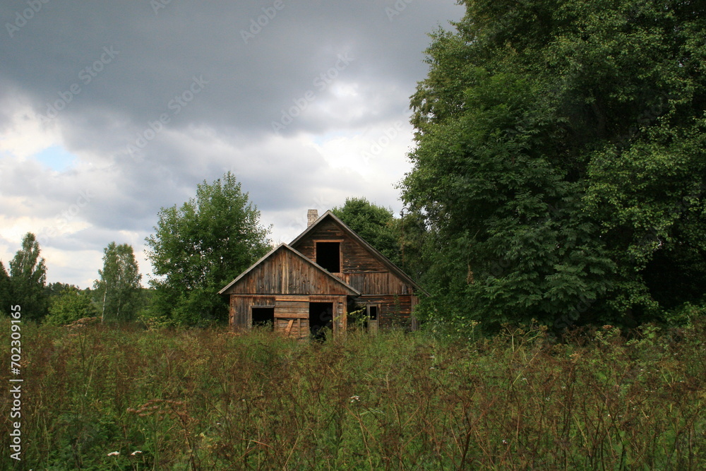 abandoned old wooden house near forest in Lithuania and stormy sky