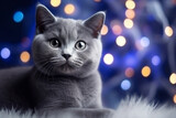Russian blue cat with Christmas lights, selective focus 3d black realistic abstract background