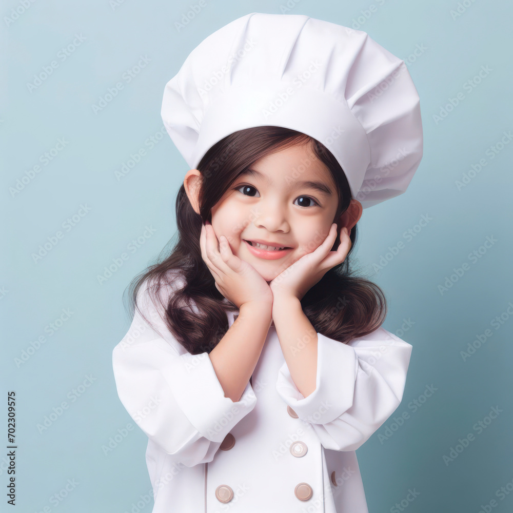 Photo Cute girl in chef suit with hat on solid blue background. ai generative Photo Cute girl in chef suit with hat on solid blue background. ai generative